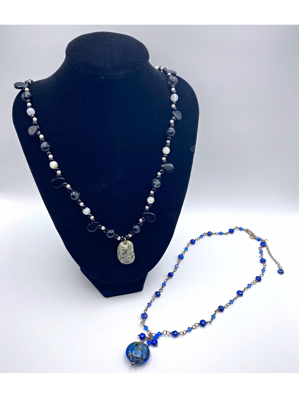 Lot of 2 Beaded Pendant Necklaces Blue Black Gray Round Toggle 18” Wear to Work
